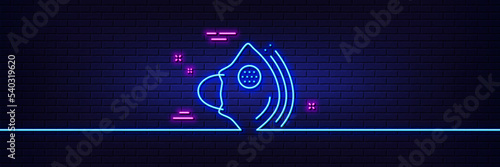 Neon light glow effect. Medical mask N95 line icon. Safety breathing respiratory mask sign. Coronavirus face protection symbol. 3d line neon glow icon. Brick wall banner. Medical mask outline. Vector