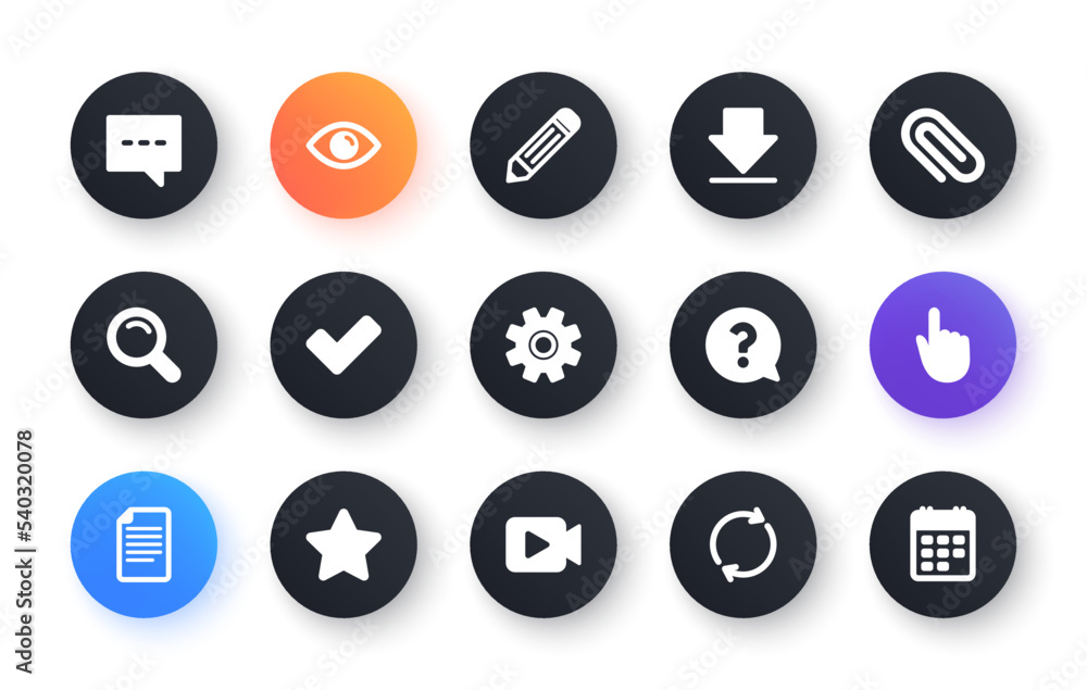 Document, Calendar and Question mark icons. Search, Video camera and Check mark. Classic icon set. Circle web buttons. Vector Document, Calendar and Question mark icons. Search, Video camera and Check mark. Classic icon set. Circle web buttons. Vector