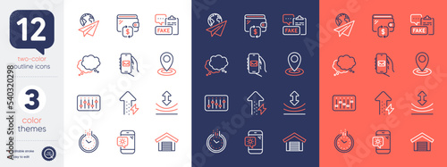 Set of Resilience, Parking garage and Mail app line icons. Include Energy growing, Dj controller, Time icons. Wallet, Weather phone, Speech bubble web elements. Fake document. Vector