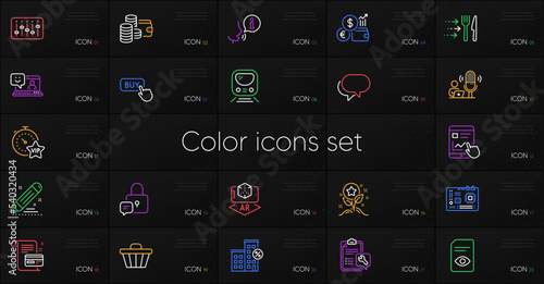 Set of Wallet, Loan house and Food delivery line icons. Include Talk bubble, Smile, Lock icons. Vip timer, Currency rate, Brand contract web elements. Metro, Spanner, Motherboard. Vector
