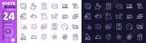 Puzzle, Engineer and Medical prescription line icons for website, printing. Collection of Dollar rate, Romantic dinner, 24 hours icons. New, Approved document, Pay web elements. Vector