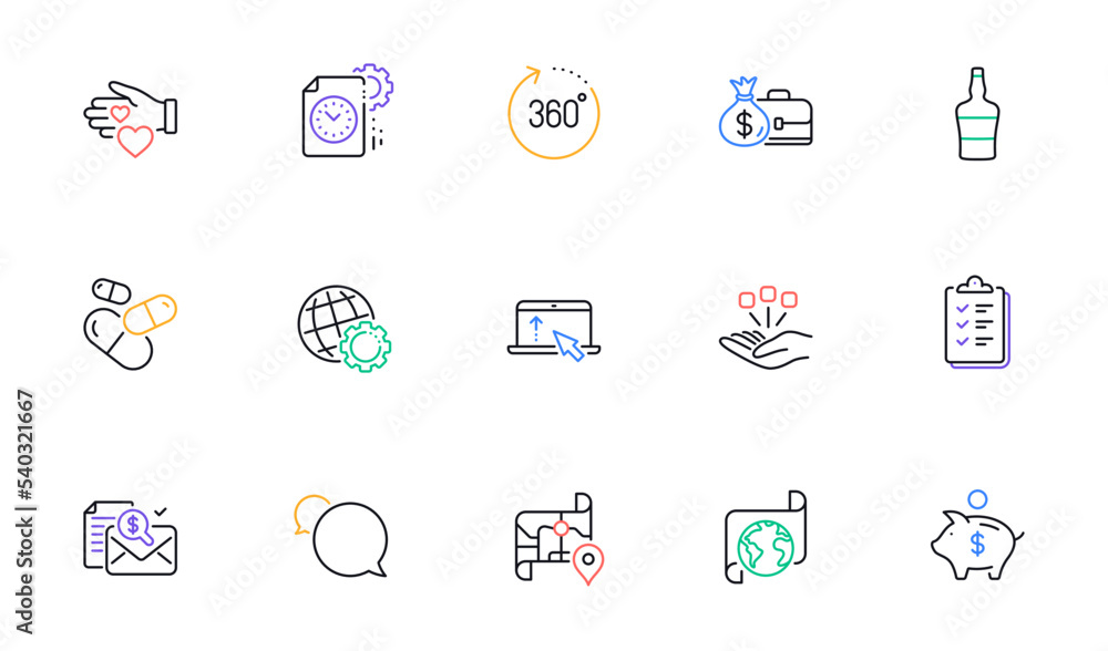 Globe, Capsule pill and Accounting report line icons for website, printing. Collection of Checklist, Translation service, Piggy bank icons. Volunteer, Project deadline. Vector Globe, Capsule pill and Accounting report line icons for website, printing. Collection of Checklist, Translation service, Piggy bank icons. Volunteer, Project deadline. Vector