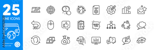 Outline icons set. Outsourcing, Outsource work and Quick tips icons. Technical documentation, Vaccine announcement, Decreasing graph web elements. Face id, Favorite mail, Teamwork signs. Vector
