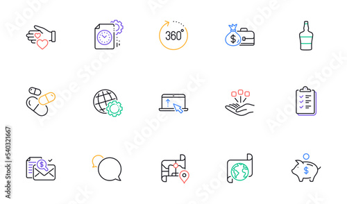 Globe, Capsule pill and Accounting report line icons for website, printing. Collection of Checklist, Translation service, Piggy bank icons. Volunteer, Project deadline. Vector