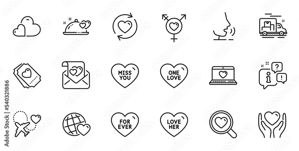 Outline set of Genders, Friends world and Love letter line icons for web application. Talk, information, delivery truck outline icon. Include Love her, Hold heart, Miss you icons. Vector Outline set of Genders, Friends world and Love letter line icons for web application. Talk, information, delivery truck outline icon. Include Love her, Hold heart, Miss you icons. Vector