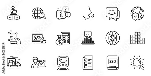Outline set of Search, Ssd and Work home line icons for web application. Talk, information, delivery truck outline icon. Include Photo studio, Finance calculator, Internet search icons. Vector