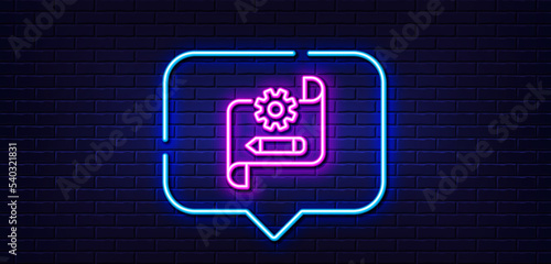 Neon light speech bubble. Cogwheel blueprint line icon. Engineering tool sign. Edit settings symbol. Neon light background. Cogwheel blueprint glow line. Brick wall banner. Vector