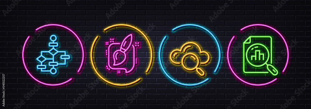 Cloud computing, Painting brush and Block diagram minimal line icons. Neon laser 3d lights. Analytics graph icons. For web, application, printing. Search data, Graphic art, Algorithm path. Vector