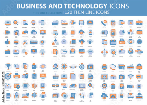 Business and marketing, programming, data management, internet connection, social network, computing, information. Thin line blue icons set. Flat vector illustration	