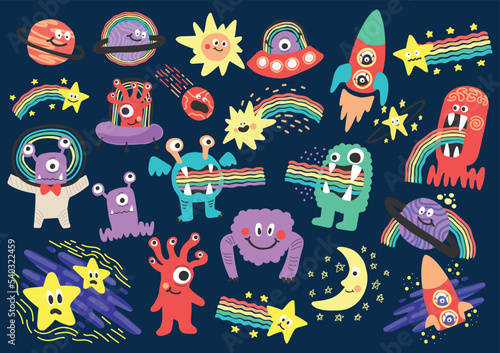 cute character space aliens stars and planets vector