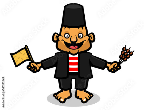 Cartoon illustration of A Man wearing traditional costume, showing a fan and Madura chicken satay, traditional food from Indonesia. Best for sticker, logo, and Mascot with Asian Culinary themes