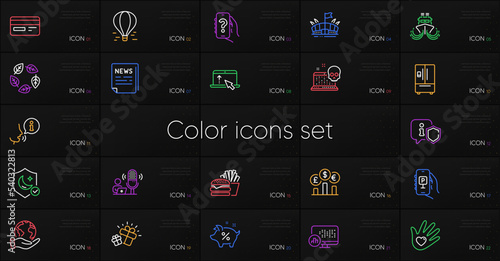 Set of Report statistics, Air balloon and Organic tested line icons. Include Credit card, Parking app, Social responsibility icons. Gift, Fake news, Shield web elements. Arena. Vector