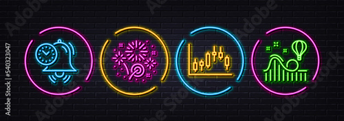 Candlestick graph, Fireworks and Time management minimal line icons. Neon laser 3d lights. Roller coaster icons. For web, application, printing. Finance chart, Pyrotechnic salute, Alarm clock. Vector