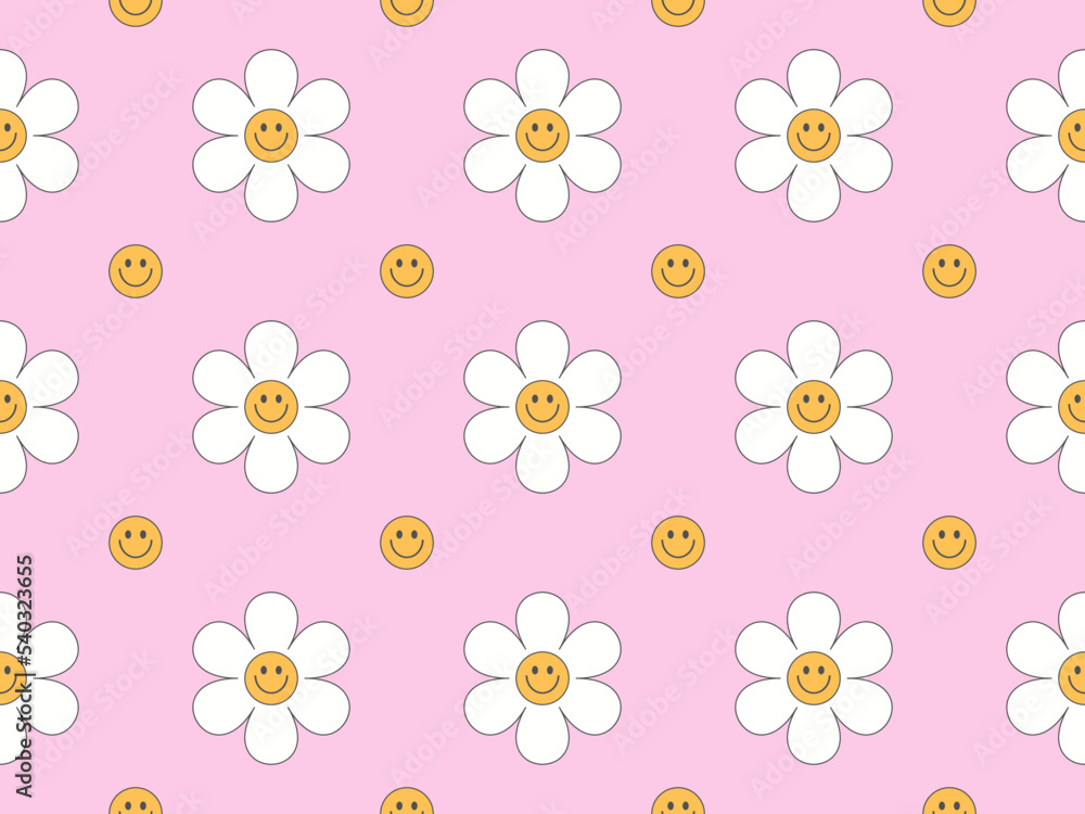 Vector groovy seamless pattern with funny happy daisy. Trendy daisy smile pink color pastel pattern design for fabric, wallpaper and all prints Vector groovy seamless pattern with funny happy daisy. Trendy daisy smile pink color pastel pattern design for fabric, wallpaper and all prints