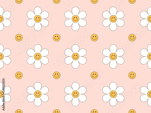 Pink Vector seamless daisy trendy pattern Groovy style smile flower botanical pastel pattern vector design for fabric, wallpaper and all prints white background color. Cute pattern Small chamomile