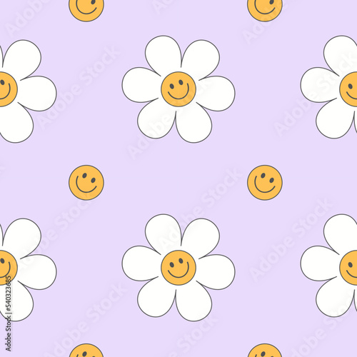 Vector groovy seamless pattern with funny happy daisy. Trendy daisy smile purple color pastel pattern