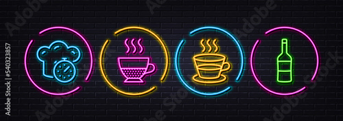 Cooking timer, Coffee cup and Doppio minimal line icons. Neon laser 3d lights. Wine icons. For web, application, printing. Stopwatch, Tea mug, Coffee drink. Merlot bottle. Neon lights buttons. Vector