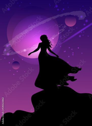 Girl looks at the sky . Vector illustration cosmos,planets and the universe for web banner, presentation, landing page