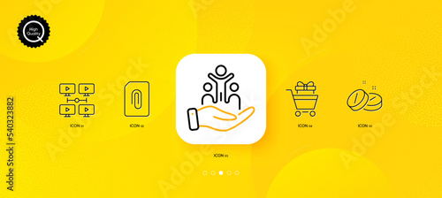 Video conference, Shopping trolley and Inclusion minimal line icons. Yellow abstract background. Medical tablet, Attachment icons. For web, application, printing. Vector