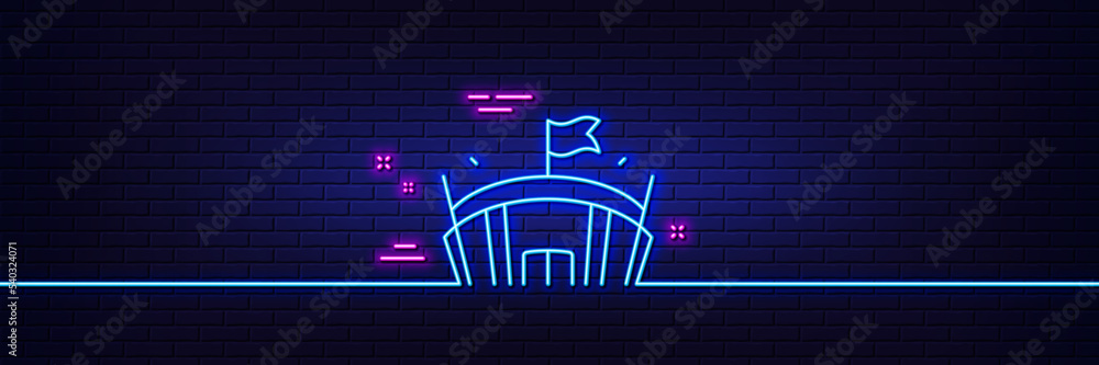 Neon light glow effect. Sports stadium line icon. Arena with flag sign. Sport complex symbol. 3d line neon glow icon. Brick wall banner. Arena outline. Vector Neon light glow effect. Sports stadium line icon. Arena with flag sign. Sport complex symbol. 3d line neon glow icon. Brick wall banner. Arena outline. Vector