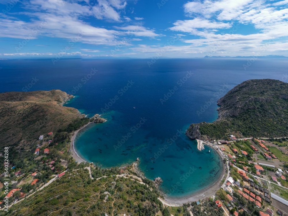 Datca bay from top, aerial view with cloudy sky