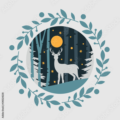 Christmas holiday postcard design. Illustration with deer and  trees. Paper cut layered card.