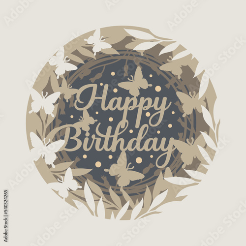 Happy birthday postcard design. Illustration with butterflies and flowers, florals.  Paper cut layered card.