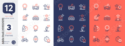 Set of Leadership, Arena and Reward line icons. Include Arena stadium, Best result, Fitness water icons. Target goal, Winner cup, Success web elements. Bicycle parking, Winner, Cardio training. Vector