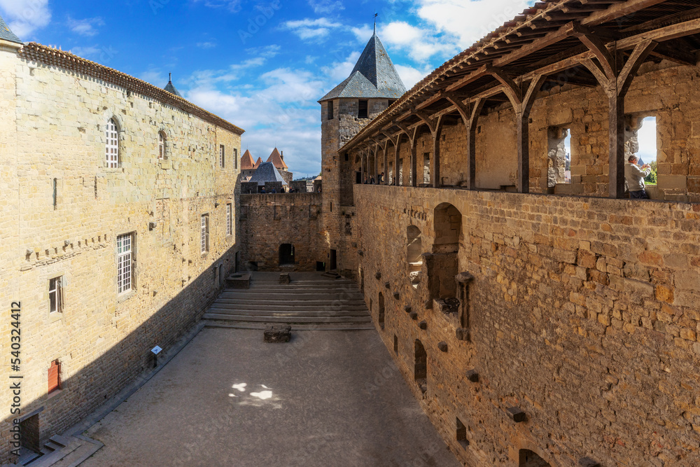 Courtyard of the Comtal castle in Carcassonne, France.