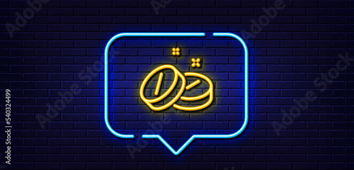 Neon light speech bubble. Medical tablet line icon. Medicine drugs sign. Pharmacy medication symbol. Neon light background. Medical tablet glow line. Brick wall banner. Vector