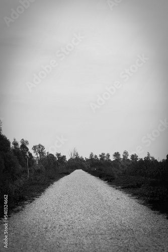 Gravel road in black white