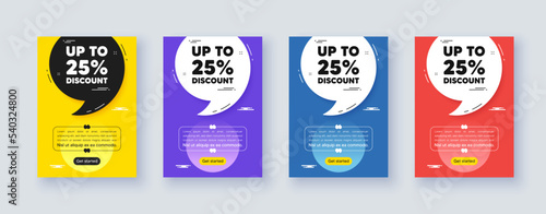 Poster frame with quote, comma. Up to 25 percent discount tag. Sale offer price sign. Special offer symbol. Save 25 percentages. Quotation offer bubble. Discount tag message. Vector