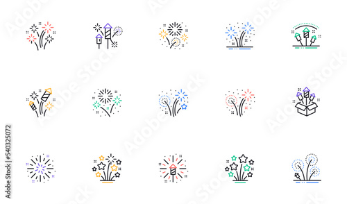 Firework salute line icons set. Carnival celebration, festival lights and christmas explosive pyrotechnic. New year firework set icons. Flash rocket, pyrotechnic effects, christmas salute. Vector