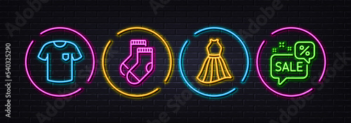 Socks, Dress and T-shirt minimal line icons. Neon laser 3d lights. Discounts bubble icons. For web, application, printing. Underwear accessory, Female skirt, Short sleeves shirt. Sale message. Vector