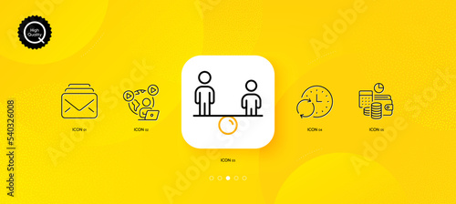 Budget accounting, Mail and Video conference minimal line icons. Yellow abstract background. Equity, Update time icons. For web, application, printing. Vector