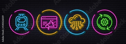 Seo marketing, Cloud storage and Train minimal line icons. Neon laser 3d lights. Cogwheel icons. For web, application, printing. Megaphone, Data service, Tram. Engineering tool. Vector