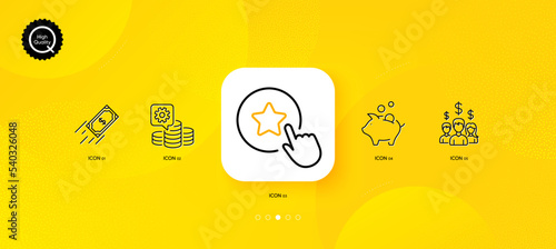 Loyalty star, Piggy bank and Making money minimal line icons. Yellow abstract background. Salary employees, Fast payment icons. For web, application, printing. Vector