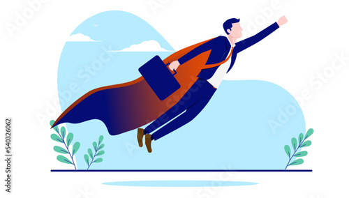 Business superhero flat design - Vector illustration of confident businessman flying with cape and briefcase upwards on white background