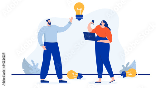 People with great idea - Man and woman in casual clothes working with ideas and lightbulbs. Flat design cartoon vector illustration with white background