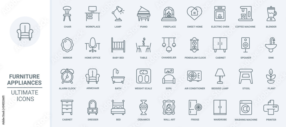 Home furniture, kitchen electric appliances, domestic equipment and modern household devices thin line icons set vector illustration. Outline coffee and washing machine, chair and table for workplace Home furniture, kitchen electric appliances, domestic equipment and modern household devices thin line icons set vector illustration. Outline coffee and washing machine, chair and table for workplace