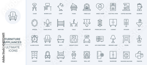 Home furniture, kitchen electric appliances, domestic equipment and modern household devices thin line icons set vector illustration. Outline coffee and washing machine, chair and table for workplace
