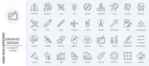 Graphic design thin line icons set vector illustration. Outline software and tools to visualize designers portfolio and creative ideas and projects, ruler and magic brush, scissors crop size and pen