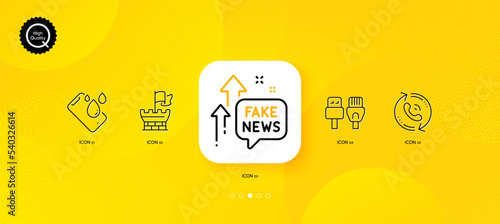 Fake news, Computer cables and Smartphone waterproof minimal line icons. Yellow abstract background. Call center, Shield icons. For web, application, printing. Wrong fact, Rj45 internet, Phone. Vector