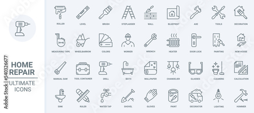 Home repair and decoration thin line icons set vector illustration. Outline house renovation pictogram collection with wall paint roller, brush and hammer, level and drill tools for builders work