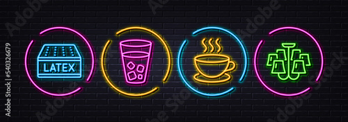 Ice tea, Latex mattress and Cappuccino minimal line icons. Neon laser 3d lights. Chandelier icons. For web, application, printing. Soda beverage, Sleeping pad, Espresso cup. Ceiling light. Vector