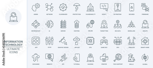 Data technology, information thin line icons set vector illustration. Outline digital protection and online network, 3d printing and modeling, smart home and interface symbols for mobile apps