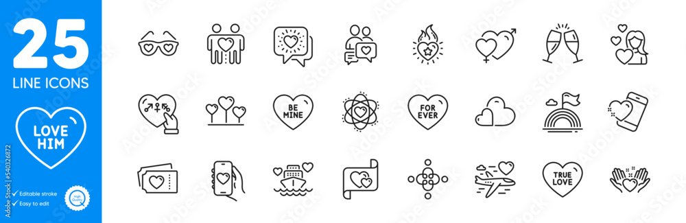 Outline icons set. Love letter, Dating app and Love icons. Champagne glasses, Heart flame, Male female web elements. Friends couple, Care, Hold heart signs. For ever, Honeymoon cruise, Atom. Vector Outline icons set. Love letter, Dating app and Love icons. Champagne glasses, Heart flame, Male female web elements. Friends couple, Care, Hold heart signs. For ever, Honeymoon cruise, Atom. Vector