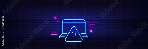 Neon light glow effect. Online question line icon. Quiz sign. Outsource support symbol. 3d line neon glow icon. Brick wall banner. Online question outline. Vector