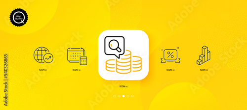 3d chart, Discounts ribbon and World statistics minimal line icons. Yellow abstract background. Inspect, Account icons. For web, application, printing. Vector