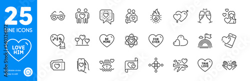 Outline icons set. Love letter, Dating app and Love icons. Champagne glasses, Heart flame, Male female web elements. Friends couple, Care, Hold heart signs. For ever, Honeymoon cruise, Atom. Vector